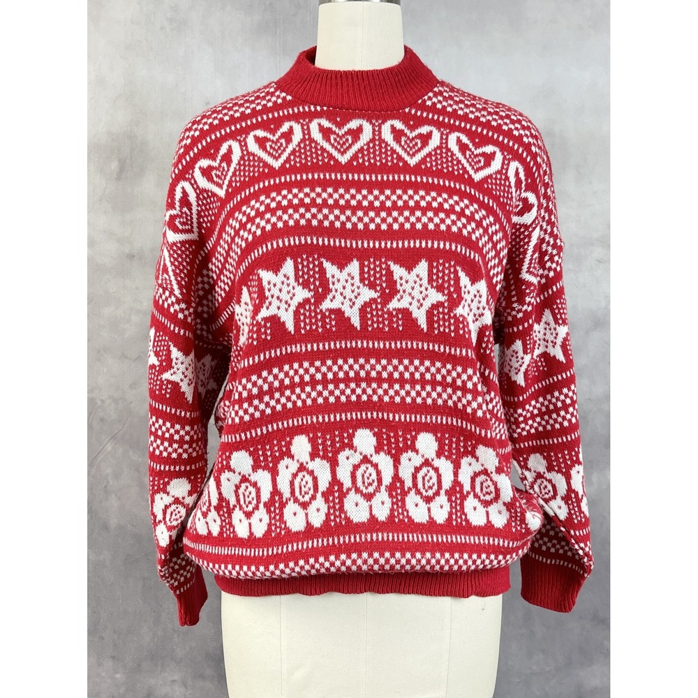 Vintage Fair Isle Sweater Womens M/L Hearts Stars Flowers Indie Nordic Cabin USA
